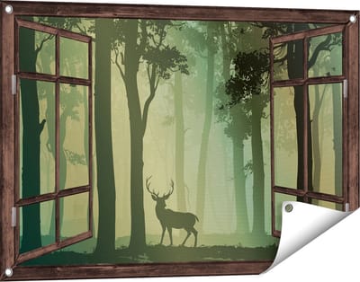 Gards Tuinposter Doorkijk Hert in het Bos - Silhouet - 90x60 cm - Tuindoek - Tuindecoratie - Wanddecoratie buiten - Tuinschilderij