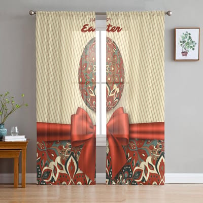 Paascadeau Ei Textuur Tule Gordijnen Voor Woonkamer Slaapkamer Voile Transparant Gordijn Raam Huisdecoratie Draperieën 135W x 114H(cm) beige