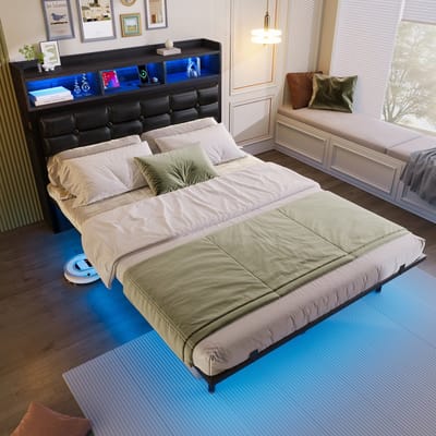 BLACKCOLORS Tweepersoonsbed 140*190 cm met lattenbodem en hoofdeinde, met 2 uitschuifbare nachtkastjes, met opbergvakken, met oplaadfunctie voor mobiele telefoons (TYPE C-interface en USB), met LED, grijs