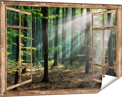 Gards Tuinposter Doorkijk Bos met Zon tussen de Bomen - 120x80 cm - Tuindoek - Tuindecoratie - Wanddecoratie buiten - Tuinschilderij