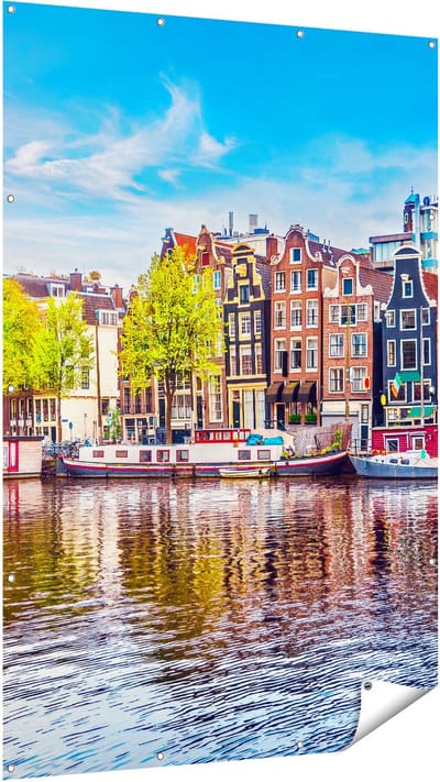 Gards Tuinposter Amsterdamse Huisjes aan het Water - 120x180 cm - Tuindoek - Tuindecoratie - Wanddecoratie buiten - Tuinschilderij