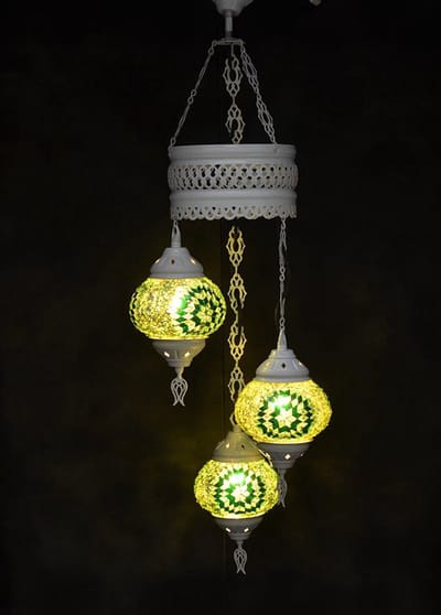 Oosterse lamp 3 glazen groen bollen mozaiek kroonluchter
