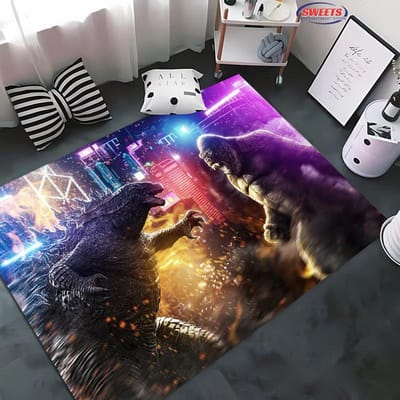 Nieuwe aankomst! Klassiek Godzilla VS Kong Cartoon Tapijt, Woonkamer Slaapkamer Bedmat, Antislip Duurzaam Groot Oppervlak Huis Kantoor Kleed 70x100cm (28x39in)