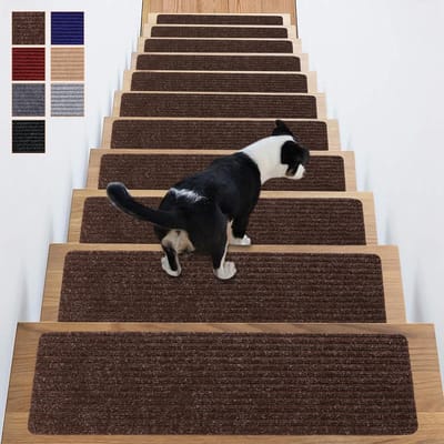 Antislip traptreden, set van 15 stuks, 20 cm × 76 cm - Tapijtachtige trapmatten voor houten trappen binnenshuis, met TPE-rug en antislipoppervlak, hergebruikbare veiligheidsmatten, geschikt voor kinderen, ouderen en huisdieren - bruin