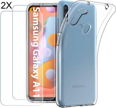 Hoesje geschikt voor Samsung Galaxy A11 Hoesje Transparant Siliconen Case met 2X Screenprotector - Tempered Glass - Epicmobile