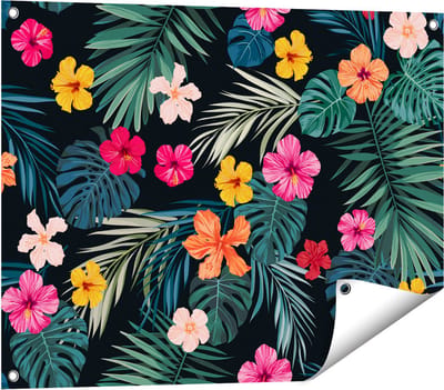 Gards Tuinposter Getekende Tropische Bloemen - Abstract - 80x60 cm - Tuindoek - Tuindecoratie - Wanddecoratie buiten - Tuinschilderij