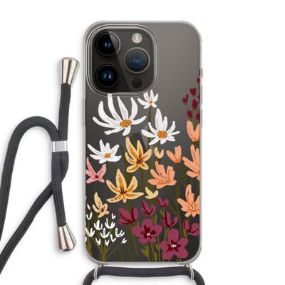 Case Company® - Hoesje met koord geschikt voor iPhone 14 Pro hoesje met Koord - Painted wildflowers - Telefoonhoesje met Zwart Koord - Bescherming aan alle Kanten en Over de Schermrand