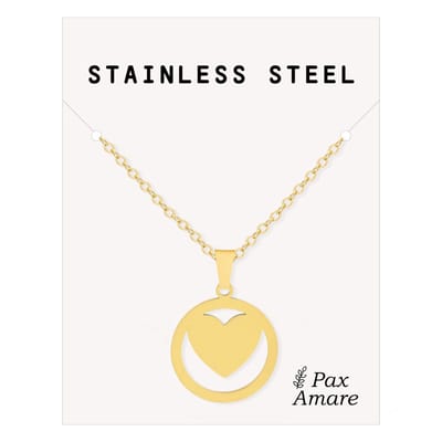Cadeau Ketting met Hartje in Rondje - Roestvrij Staal - Goudkleurig - Cadeau Sieraad op Kaartje - Pax Amare