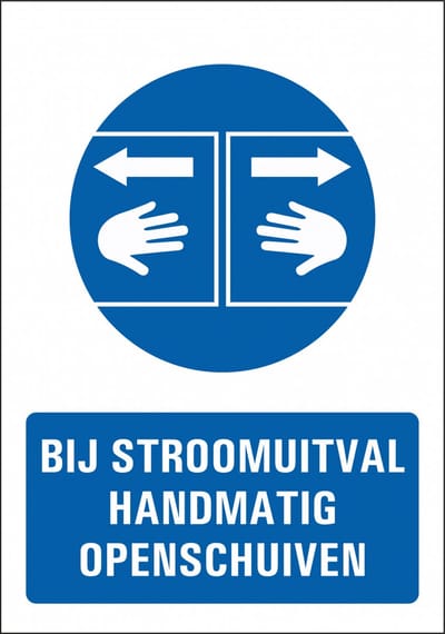 Bij stroomuitval handmatig openschuiven sticker 148 x 210 mm