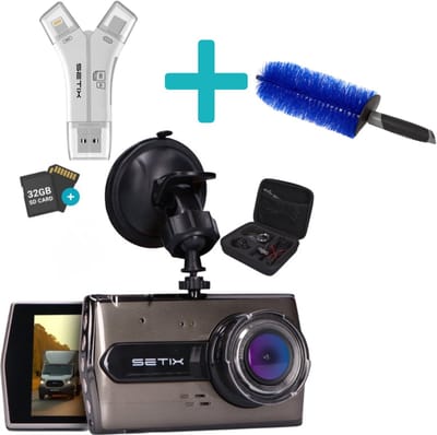 Setix Dashcam Go + SD Card reader en Autowielbrostel - Voor en Achter Camera – Inclusief 32GB SD kaart-Full HD 1080P Resolutie – Met Opbergcase tegen Diefstal - Nachtzicht – Plug & Play - Parkeermodus - 170 Graden Kijkhoek – Loop Recording