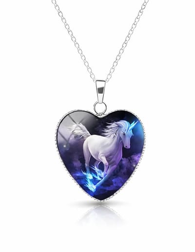 EmmyRovi – Hart ketting met eenhoorn – Paard - Pegasus Cadeau - verzilverd – 60 cm