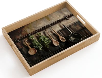 Dienblad hout 40x30 cm - Schootdienblad - Keukengerei - Rustiek - Tegels - Kruiden - Borrelplank rechthoek - Plateau dienbladen