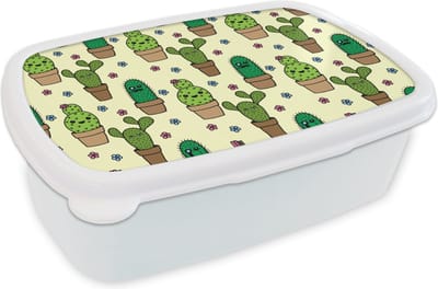 Broodtrommel Wit - Lunchbox - Brooddoos - Patronen - Cactus - Bloemen - 18x12x6 cm - Volwassenen
