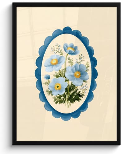 Poster in lijst - Fotolijst 50x70 cm - Posters - Lijst - Bloemen - Lichtblauw - Illustratie - Posterlijst zwart - Decoratie - Wanddecoratie woonkamer - Muurdecoratie slaapkamer