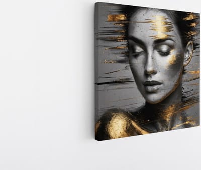 Saammp Canvas Schilderij - Vrouw met goude vegen - abstract - 20x20 - Foto op canvas - Wanddecoratie - Muurdecoratie Woonkamer - Slaapkamer decoratie - Canvas Print