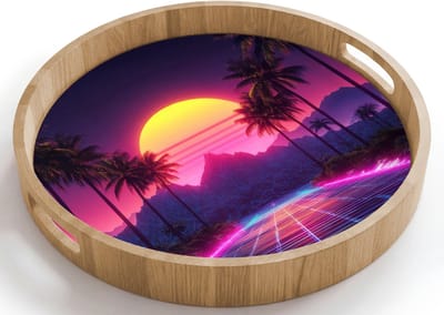 Dienblad rond 40x40 cm - Schootdienblad hout - Horizon - Palmbomen - Bergen - Geel - Borrelplank rechthoek - Plateau houten dienbladen