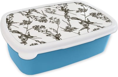 Broodtrommel Blauw - Lunchbox - Brooddoos - Vintage - Planten - Bloemen - Patronen - 18x12x6 cm - Kinderen - Jongen