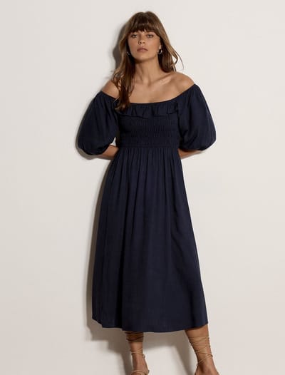 Gesmokte Bardot-maxi-jurk