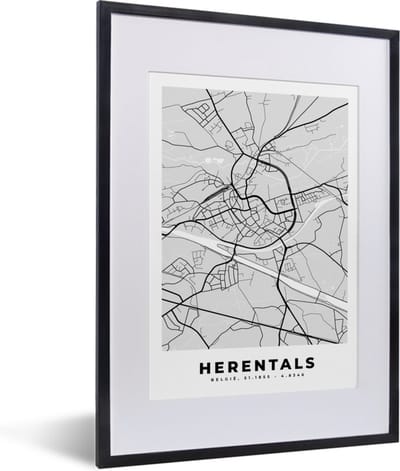 Fotolijst incl. Poster Zwart Wit- Zwart Wit – België – Plattegrond – Stadskaart – Kaart – Herentals - 30x40 cm - Posterlijst