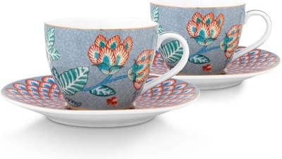 Pip Studio - Flower festival - Set van 2 espresso kop & schotel - lichtblauw - 120ml