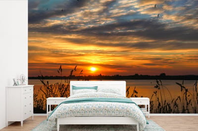 Behang - Fotobehang Zonsondergang - Zee - Horizon - Lucht - Planten - Breedte 360 cm x hoogte 240 cm