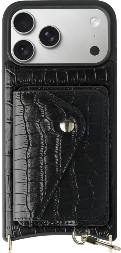 AVY Leren Hoesje Geschikt voor Apple iPhone 17 Pro Max | Met Magnetische Kaarthouder | Compatibel met MagSafe | Leather Case met Wallet | Croco Zwart