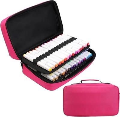 SnelShoppen - 60 Slots Marker Organizer Case - Grote Marker Opbergcase voor 60 Stiften - Roze - Handige Opbergzak met Draaghandvat - Perfect voor Crea