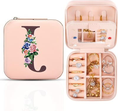 Reisjuwelendoos met Spiegel, Organizer voor Ringen, Kettingen en Oorbellen, Gepersonaliseerde Initialen, Perfecte Cadeaus voor Vrouwen en Meisjes
