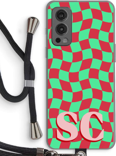 Gepersonaliseerd - Case Company® - Hoesje met koord geschikt voor OnePlus Nord 2 5G hoesje met Koord - Grid Monogram - Telefoonhoesje met Zwart Koord - Bescherming aan alle Kanten en Over de Schermrand