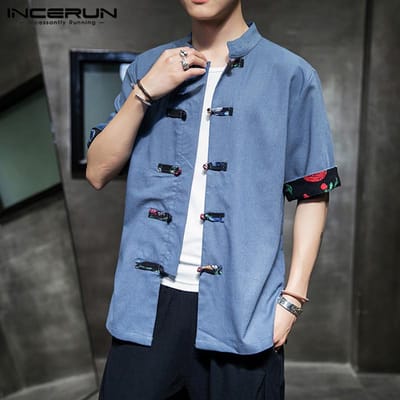 INCERUN Chinees Traditioneel Shirt 2021 Zomer Casual Heren Korte Mouw Linnen Katoen Shirt Heren Top 5XL gray