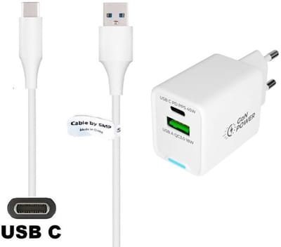 OneOne 45W super snellader met 2 poorten + 0,2m sterke USB C kabel. PD lader. Oplader adapter past op JBL CLUB 700BT / 950NC / ONE / ONE Pro+, Wave 100 / 200 / 300 / Beam/ Buds / Flex, Reflect Aero / Mini NC