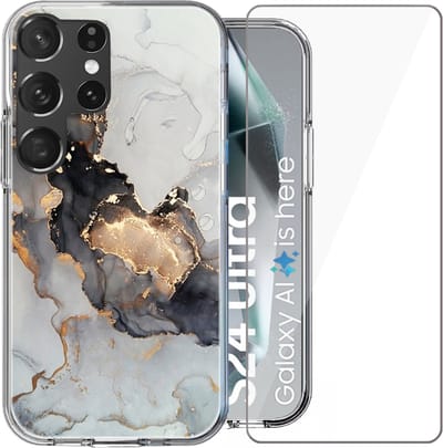 Hoesje geschikt voor Samsung Galaxy S24 Ultra - Screen Protector Glas - Back Cover Marmer Siliconen Case Wit & Screenprotector