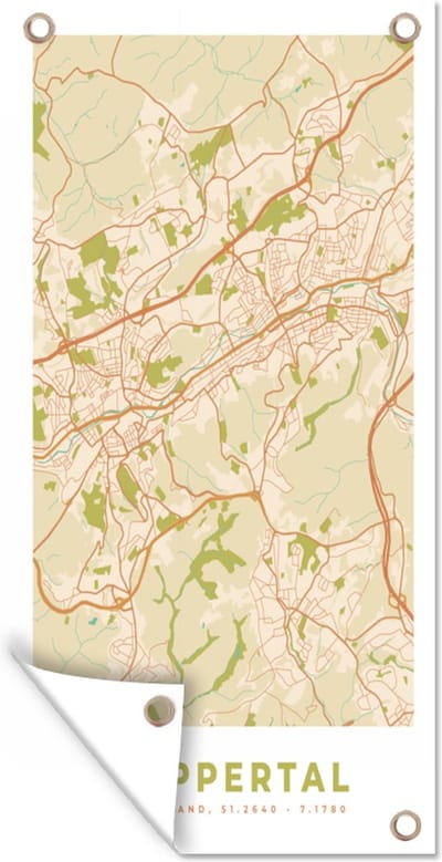 Schuttingposter Plattegrond - Wuppertal - Kaart - Stadskaart - Vintage - 100x200 cm - Tuindoek