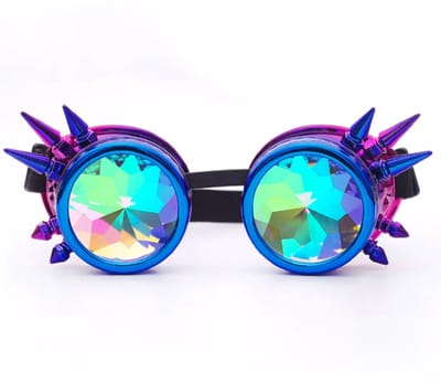 KIMU® Goggles Steampunk Bril Met Spikes - Blauw Roze Montuur - Caleidoscoop Glazen - Olie Spacebril Space Caleidoscope - Natural High - Cannabis Festival