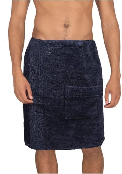 Sauna Kilt voor Heren - Katoenen Handdoek met Noodzakelijke Knoopjes en Elastiek - Zachte, Absorberende Badstof - One Size - Donkerblauw