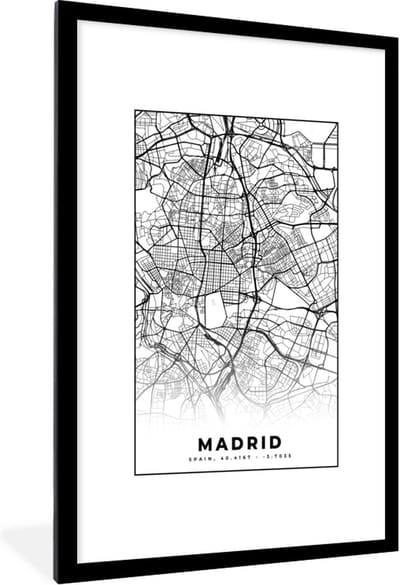 Fotolijst incl. Poster Zwart Wit- Madrid - Zwart Wit - Stadskaart - Plattegrond - Kaart - 80x120 cm - Posterlijst