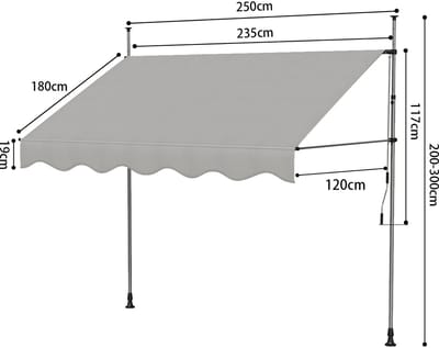 Jently luifel - zonnescherm - zonneluifel - terrasluifel -zonwering - uitschuifbaar - klem - handmatig - 200-300x250 - grijs