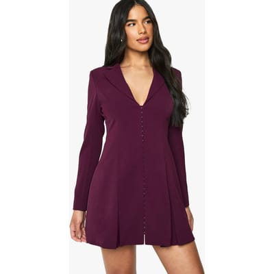 boohoo Dames Op maat gemaakte blazerjurk met haak- en oogdetail en ingetailleerde taille | Bordeaux Rood | Maat: 36