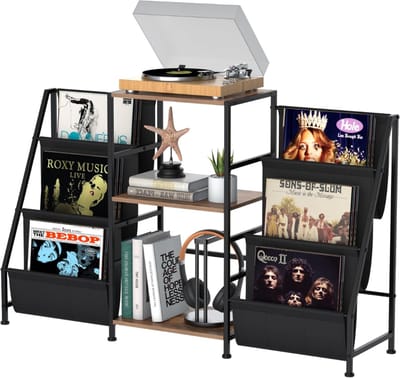 SNJY® Platenspeler Meubel - Platenspeler Kast - LP Houder - Platenhouder - 30D x 120B x 71H cm - Bruin/Zwart