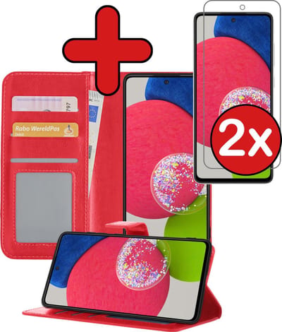 Hoesje - Met 2x Screenprotector - Geschikt voor Samsung Galaxy A52s 5G - Luxe Pasjeshouder - Flip Case - Bookcase Portemonee - Kunstleer Book Case - Flipcase Hoes - Book Cover - Walletcase - Portemonneehoes - Telefoonhoes - Rood