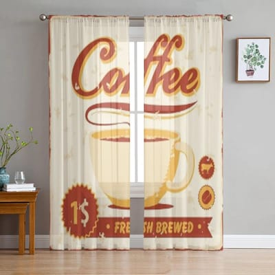Koffiekopje Retro Stijl Tule Sheer Gordijnen voor Woonkamer de Kamer Slaapkamer Keuken Decoratie Voile Organza Gordijnen 135W x 114H(cm) white