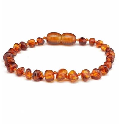 Baby/Kind – Barnsteen armbandje - Ronde kraaltjes - Gepolijst - 14cm - Cognac