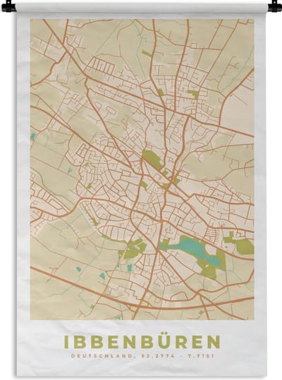 Wandkleed - Wanddoek - Ibbenbüren - Stadskaart - Plattegrond - Vintage - Kaart - 120x180 cm - Wandtapijt
