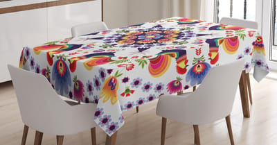 ABAKUHAUS Poolse volkskunsttafelkleed, folkloristische bloemen, vlekafweermiddel met geavanceerde druktechnologie Wasbare heldere kleuren, 140 x 170 cm, meerkleurig