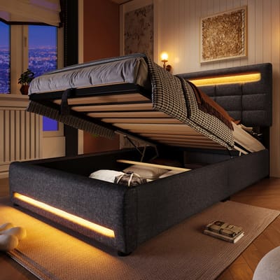 Gutent Eenpersoonsbed-90x200 cm-Met LED-Leuchten-Zonder Matras-Leinen-Grijs