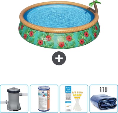 Bestway Rond Opblaasbaar Fast Set Zwembad - Paradijsprint - 457 x 84 cm - Inclusief Pomp Filter - Testrips - Solarzeil