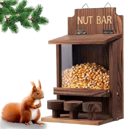 VHV - Eekhoornvoederhuisje - Eekhoornhuisje - Eekhoorn voederstation - Nestkast eekhoorn - Houten - Voor de tuin - Buiten - Natuurlijk hout - Tuindecoratie - 27.4*15.5*13.5cm - Natuur
