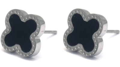 Oorbellen met Klaver - Oorknoppen - RVS - 11 mm - Zilverkleurig en Zwart