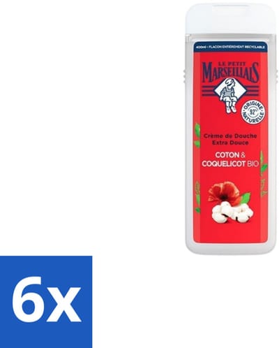 6 x Le Petit Marseillais – Douchegel – Bio Katoenmelk & Papaver – 400 ml - Douchegel Bio - Katoenmelk - Papaver - Huid Verzorging - Milde Reiniging