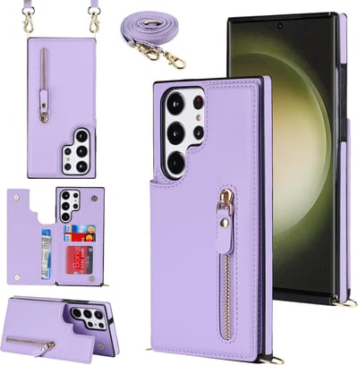 Casemania Hoesje Geschikt voor Samsung Galaxy S23 Ultra - Paars - Luxe Back Cover met Koord & Rits - Wallet Case met Pasjeshouder - Lanyard Telefoonhoes - Cord Case